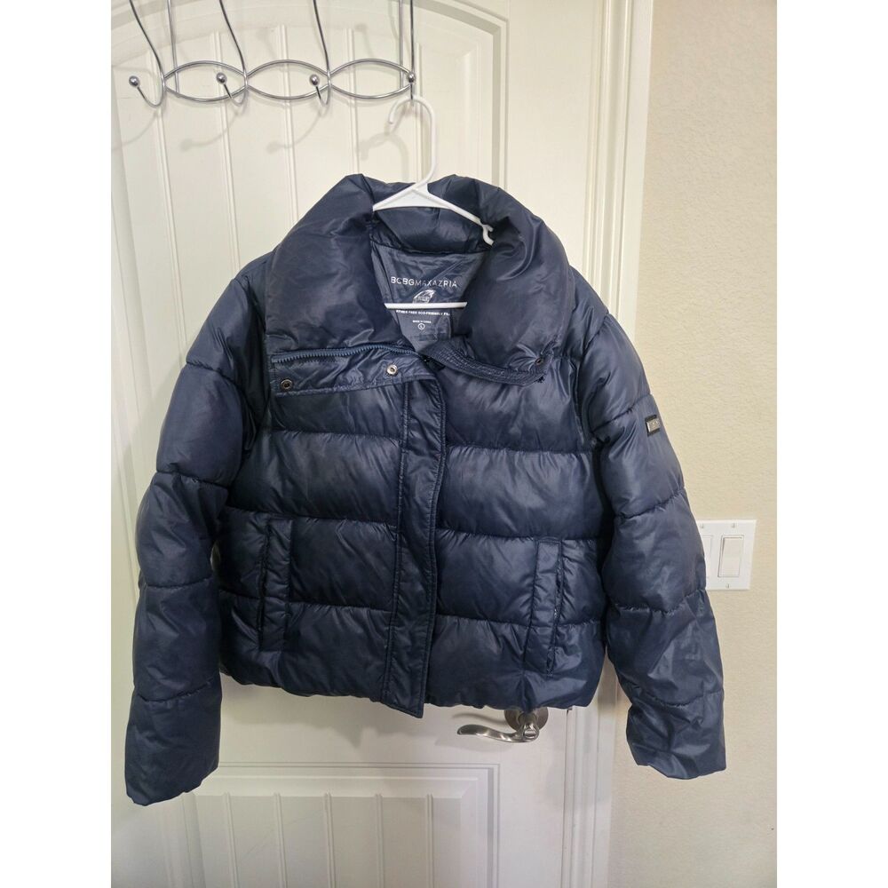 BCBGMAXAZRIA Women’s Puffer Jacket Navy Blue Size Large Feather Free Quilted